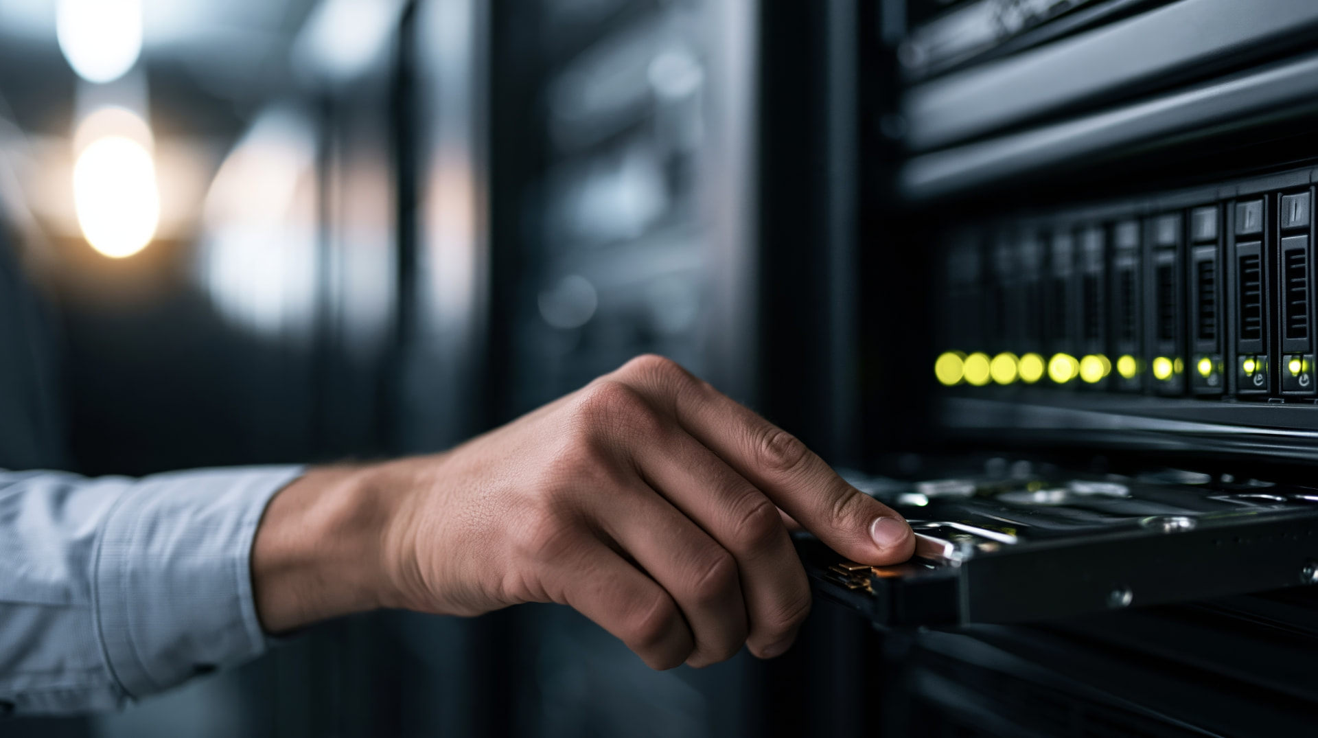 Technician installing a drive in an enterprise storage array