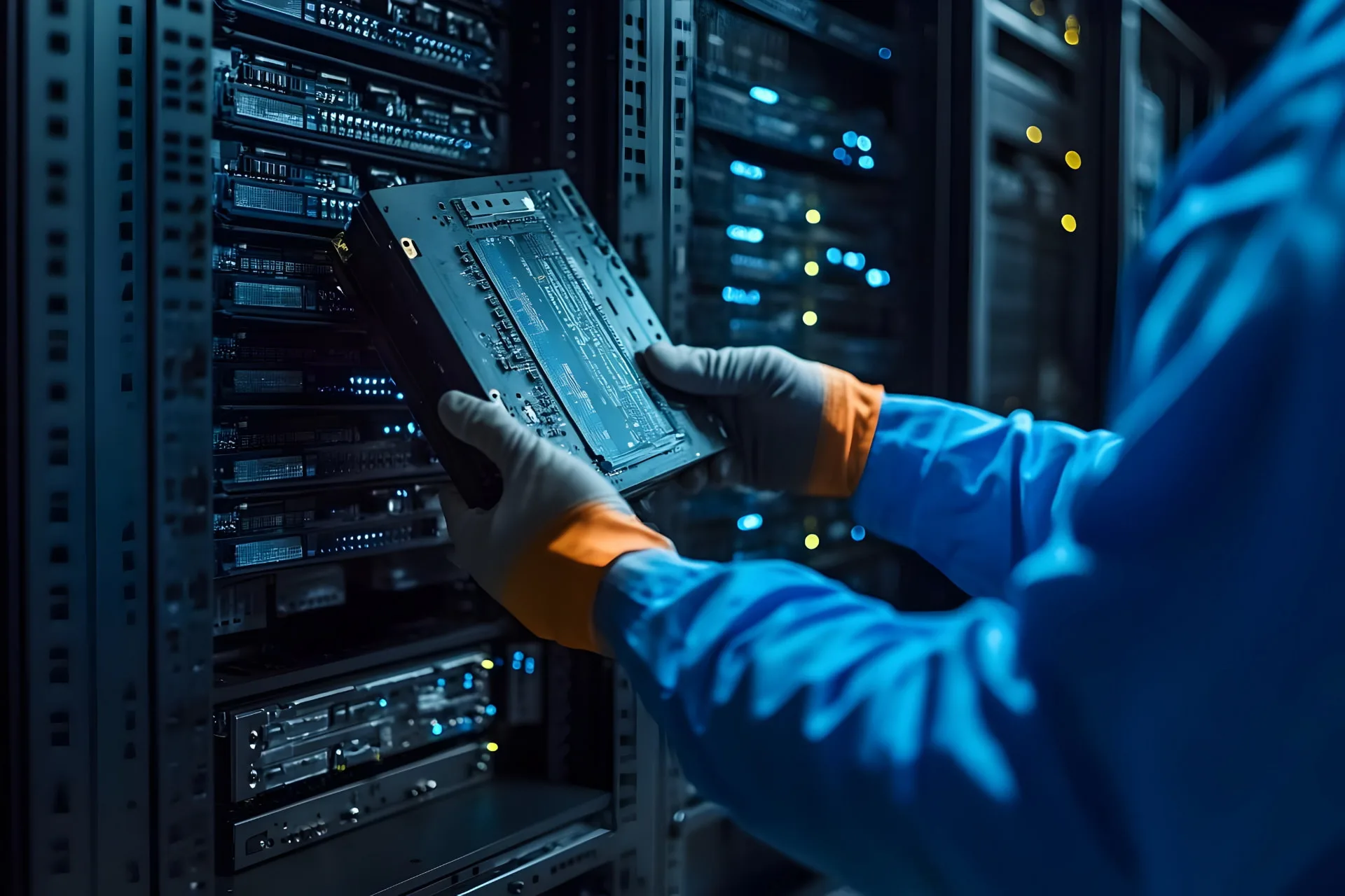 Technician installing enterprise storage hardware into a data center rack