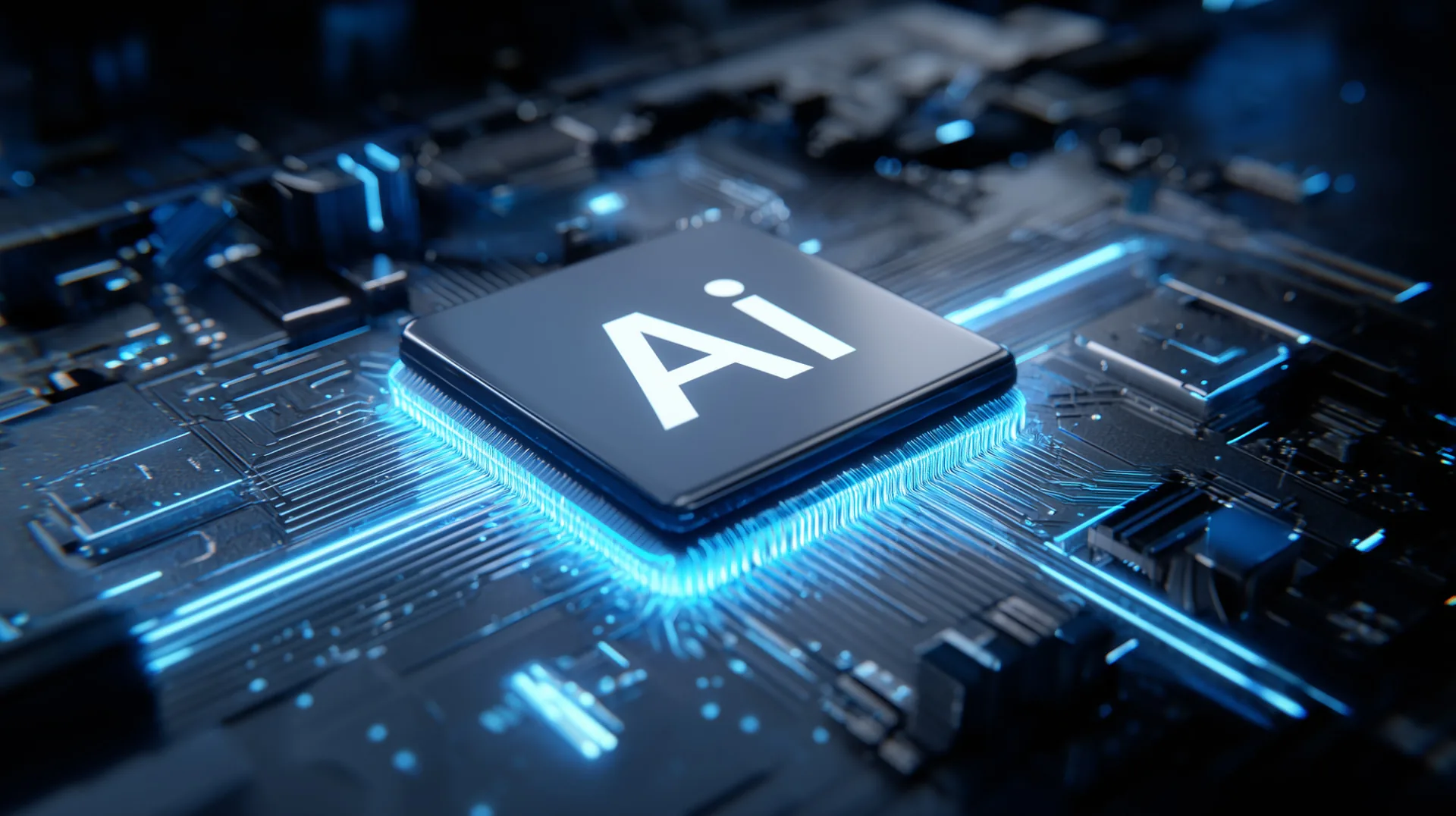 Illuminated AI processor chip on a circuit board with glowing blue data pathways