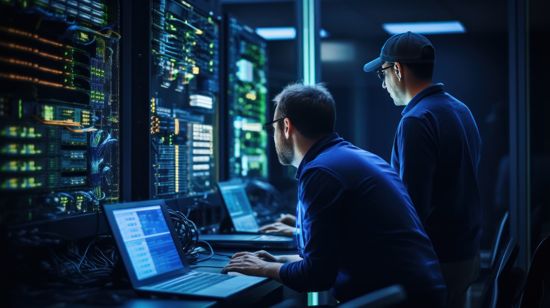 IT professionals monitoring secure enterprise infrastructure in a data center